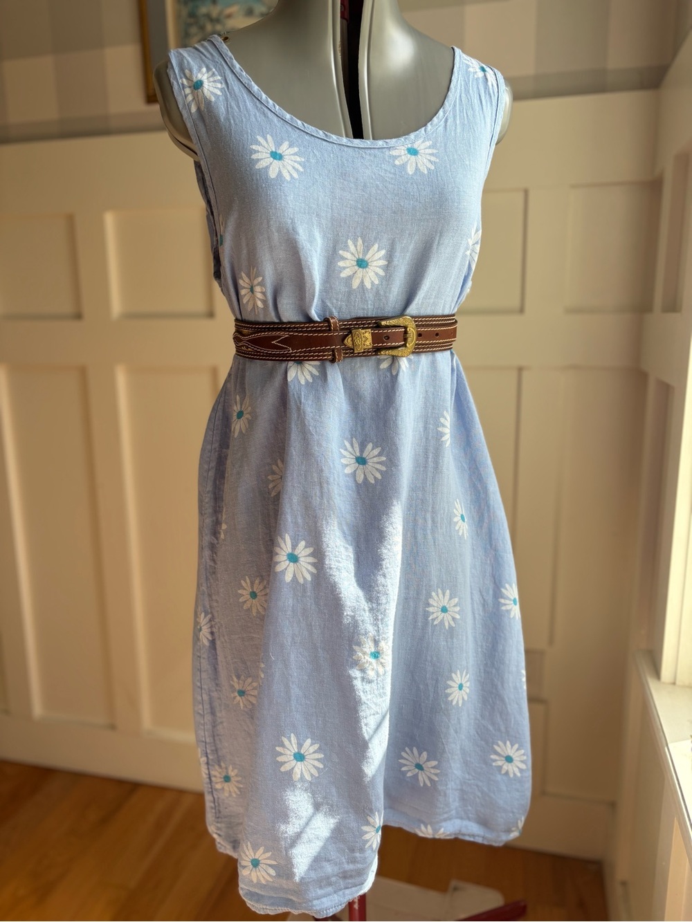Italian Linen Light Blue Daisy Print Sleeveless Mini Dress XL